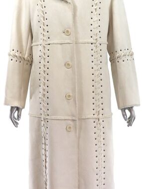 dennis basso Cream Shearling Trench Coat with Stud & Lace Trim